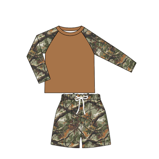Preorder (moq 5)Baby Girls Long Sleeve Southern Leaves Camo Top Shorts Swimsuits Clothes Set