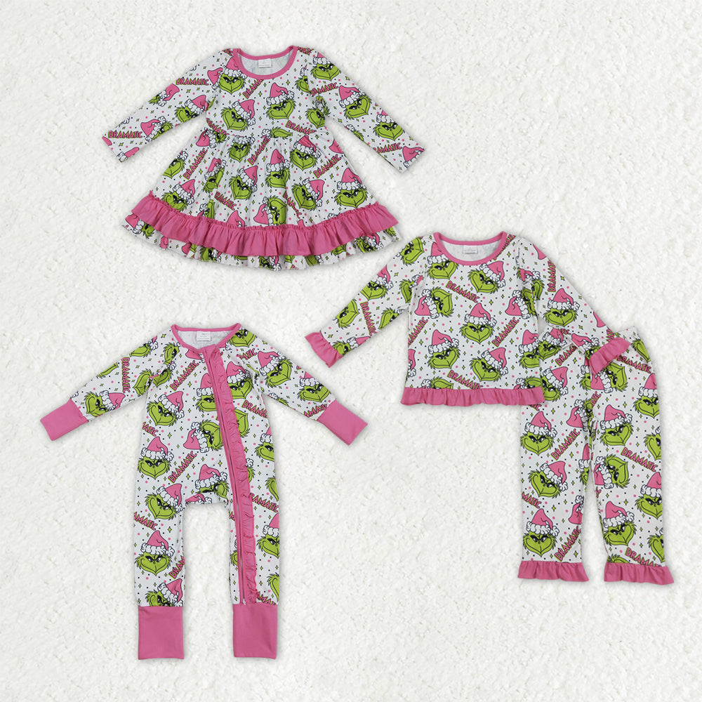 Sibling Baby Girls Green Faces Dramatic Christmas Zip Romper Pajamas Set Dresses