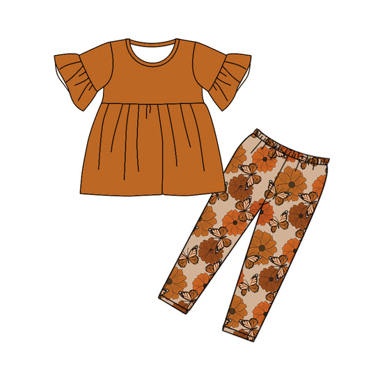 Baby Girls Brown Tunic Butterfly Flowers Pants Clothes Sets Preorder(moq 5)