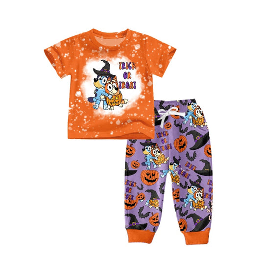 Baby Boys Dog Trick Halloween Pumpkin Shirt Pants Pajamas Clothes Sets Preorder(moq 5)