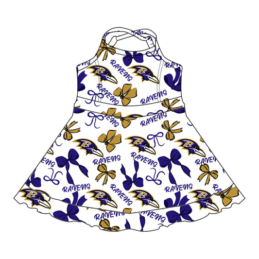 Preorder (moq 5)Baby Girls Hot Blue Strap Ravens Bows Ruffle Team Knee Length Dresses