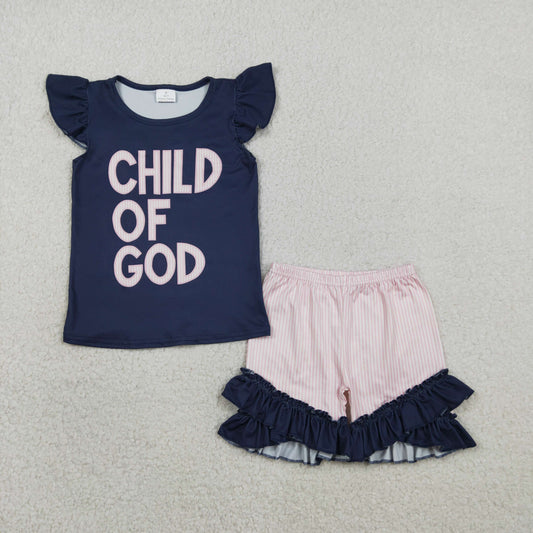 Baby Girls Flutter Sleeve Child of God Top Ruffle Shorts Clothes Sets
