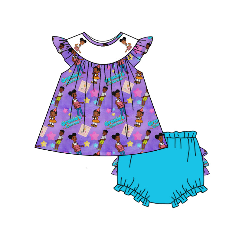 Baby Girls Purple Corner Cartoon Tunic Top Bummie Sets preorder(moq 5)