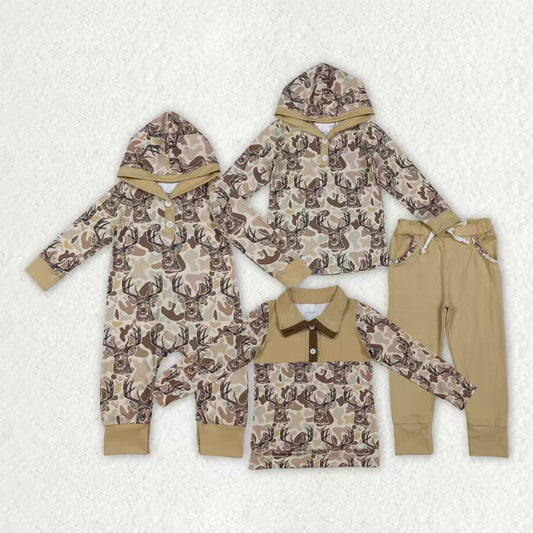 Sibling Baby Boys Khaki Camo Deer Hoodies Pockets Leggings Hunting Clothes Set Footie Rompers