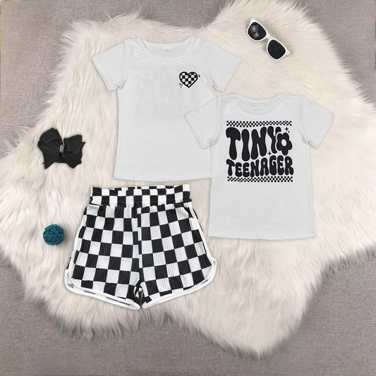 Baby Girls Short Sleeves Black Plaid Heart Tiny Top Shorts Summer Sets