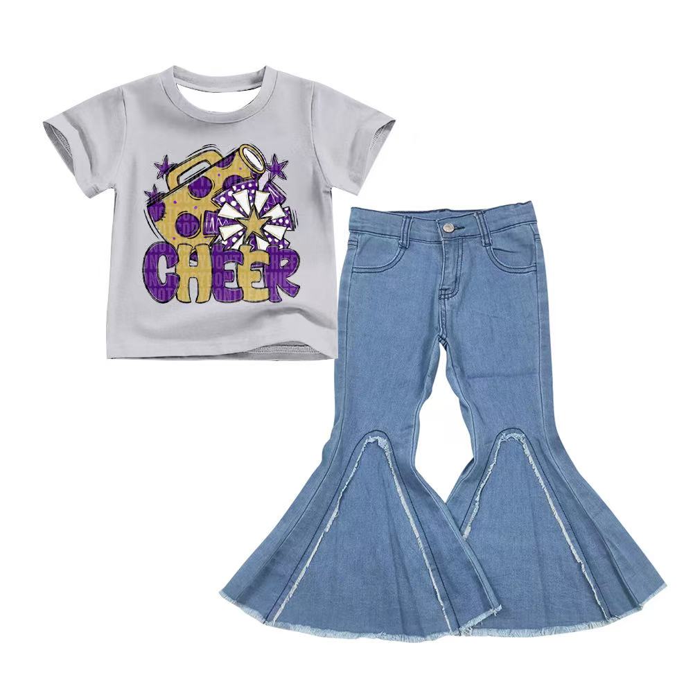 preorder(moq 5) Baby Girls Purple Cheer Team Tee Shirts Tops denim Bell pants sets