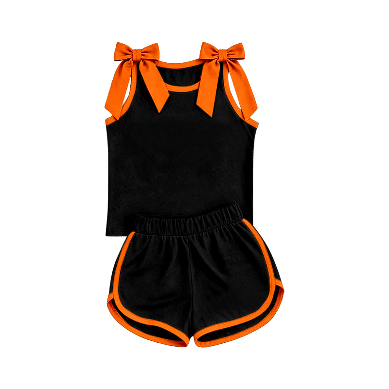 Preorder (moq 5)Baby Girls Black Orange Bows Sleeveless Top Short Clothes Sets