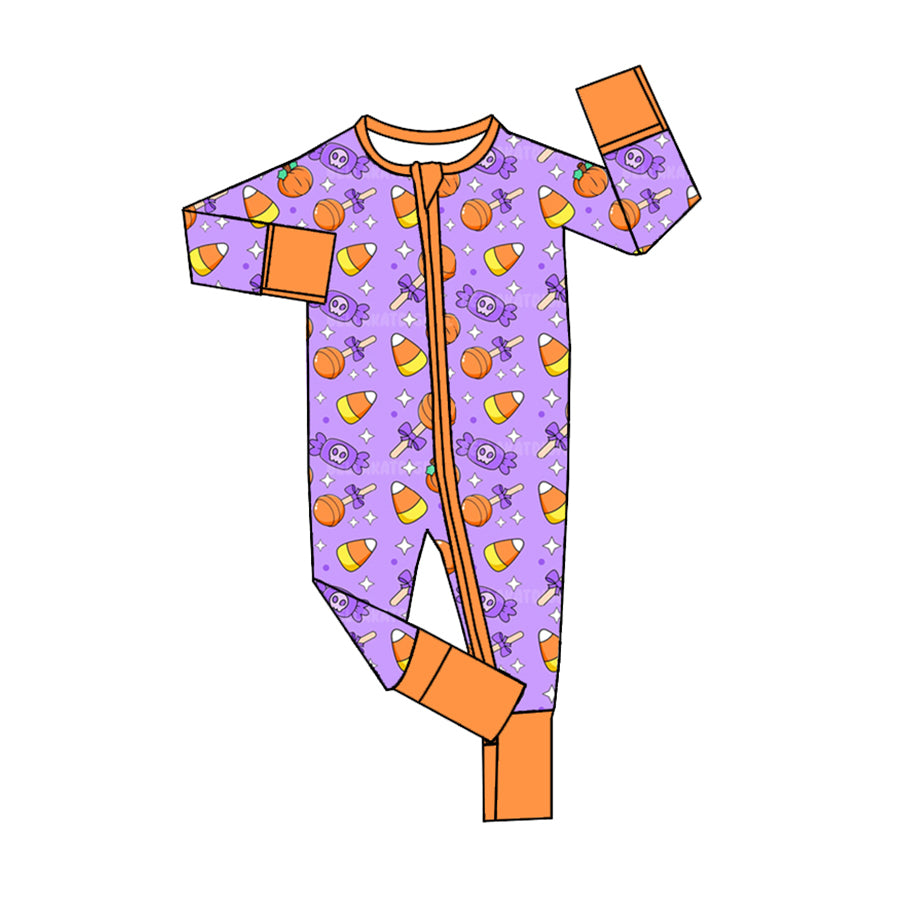 Baby Girls Halloween Candy Bamboo Long Sleeve Zip Rompers preorder(moq 5)