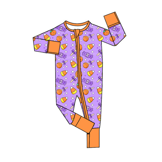 Baby Girls Halloween Candy Bamboo Long Sleeve Zip Rompers preorder(moq 5)