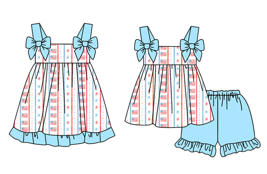 Preorder moq 5 Custom Baby Girls Blue Strap Stars Flags Tunic Ruffle Short 4th Of July Set Knee Length Dresses
