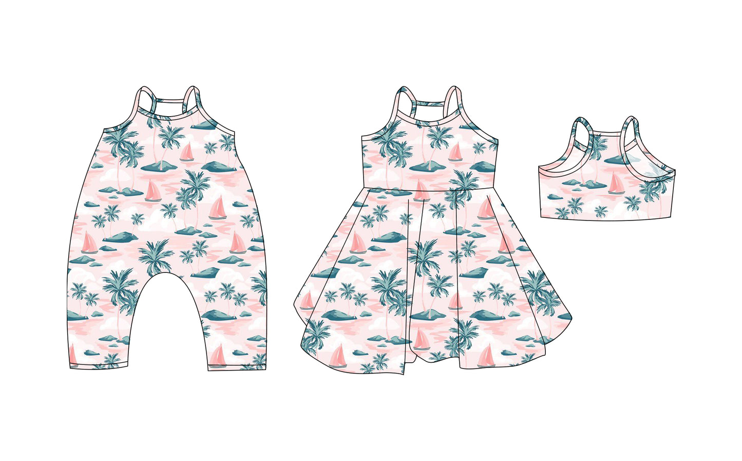 Preorder moq 5 Custom Baby Girls Pink Strap Boats Beach Knee Length Dresses Rompers