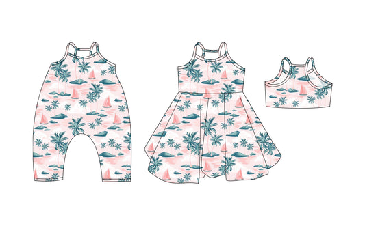 Preorder moq 5 Custom Baby Girls Pink Strap Boats Beach Knee Length Dresses Rompers