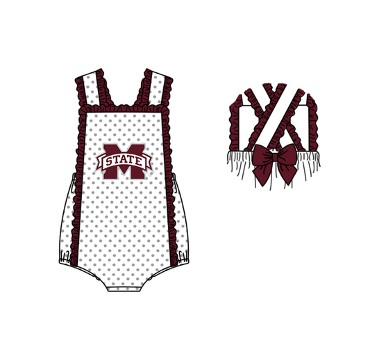 Preorder (moq 5)Baby Girls Strap M State Polka Dots Back Bow Team Ruffle Rompers