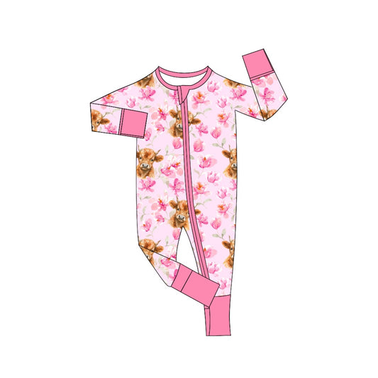 Baby Infant Girls Pink Highland Cows Flowers Zip Rompers preorder