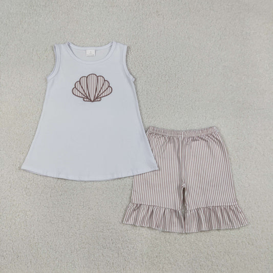 Embroidery Stripe Shells Baby Girls Tunic Ruffle Shorts Clothes Sets