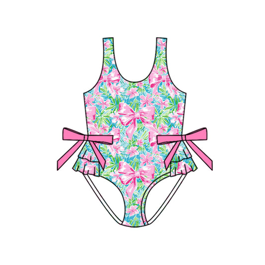 Preorder (moq 5)Baby Girls Pink Bows Leaves Bikini One Piece Swimsuits