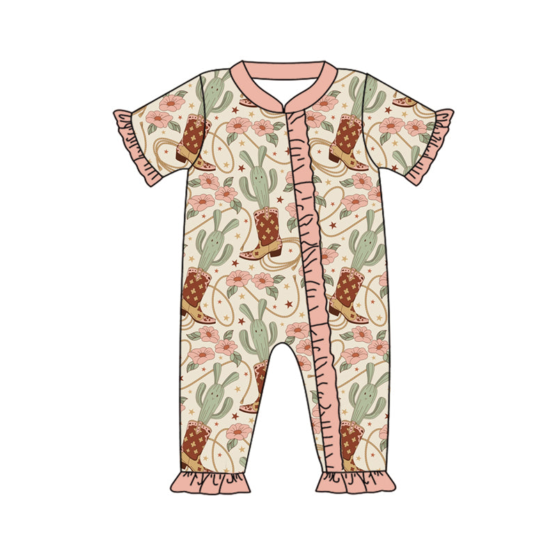 Baby Infant Girls Western Boots Cactus Zip Rompers preorder(moq 5)