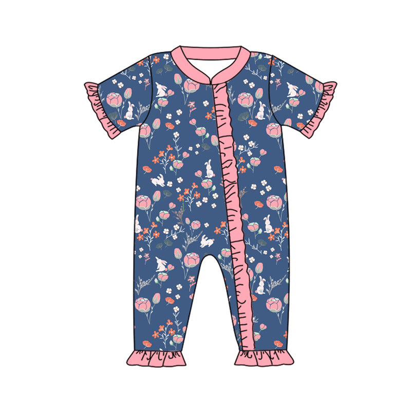 Baby Girls Toddler Kids Easter Rabbits Flowers Zip Rompers preorder(moq 5)