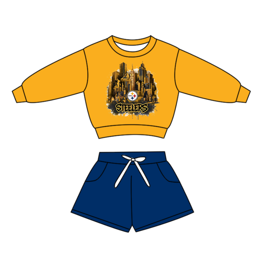Preorder(moq 5)Baby Boys Long Sleeve Steelers Stars Top Pockets Shorts Team Clothes Sets