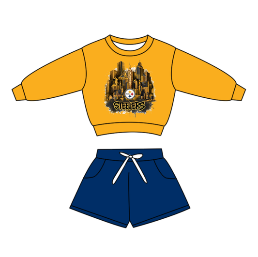 Preorder(moq 5)Baby Boys Long Sleeve Steelers Stars Top Pockets Shorts Team Clothes Sets