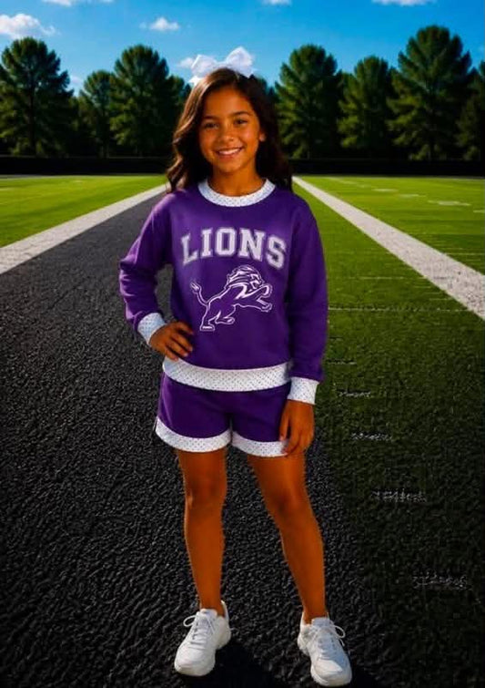 Preorder (moq 5)Baby Girls Purple Lions Long Sleeve Tops Shorts Clothes Sets
