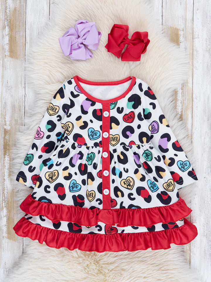 Baby Girls Long Sleeve Leopard Hearts Ruffle Dresses preorder(moq 5)