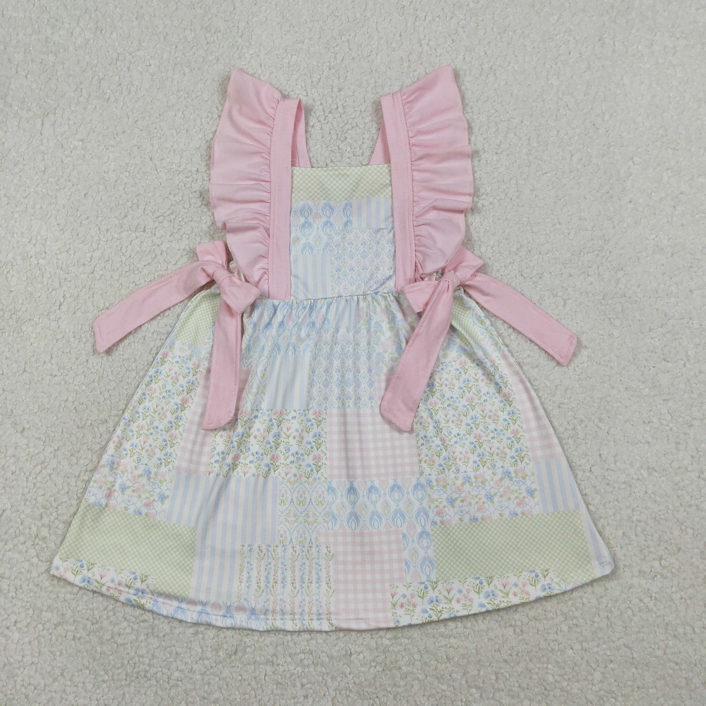 Baby Girls Flutter Sleeve Pink Flowers Checked Knee Length Dresses