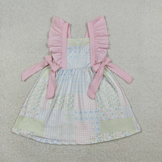 Baby Girls Flutter Sleeve Pink Flowers Checked Knee Length Dresses