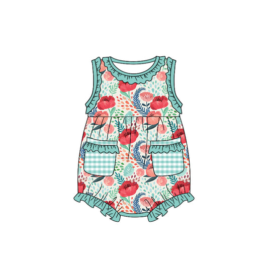 Baby Infant Girls Green Flowers Pockets Summer Rompers preorder(moq 5)