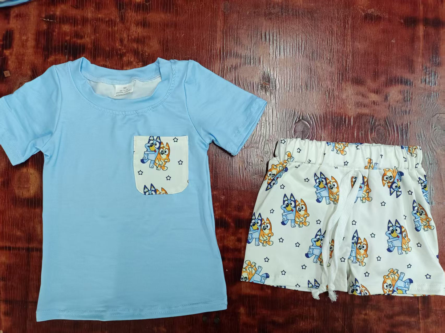 Preorder moq 5 Baby Boys Blue Short Sleeves Pocket Top Cartoon Dogs Shorts Set
