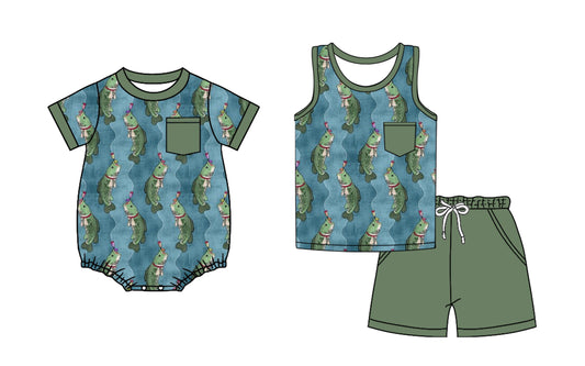 Preorder moq 5 Custom Baby Boys Dark Green Fishing Pocket Top Short Set Romper