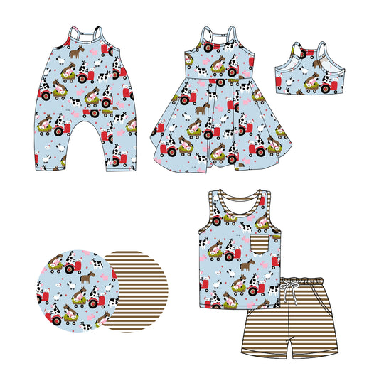 Preorder moq 5 Custom Baby Girls Sleeveless Trucks Cows Top Stripe Pockets Short Farm Set Strap Knee Length Dress Rompers