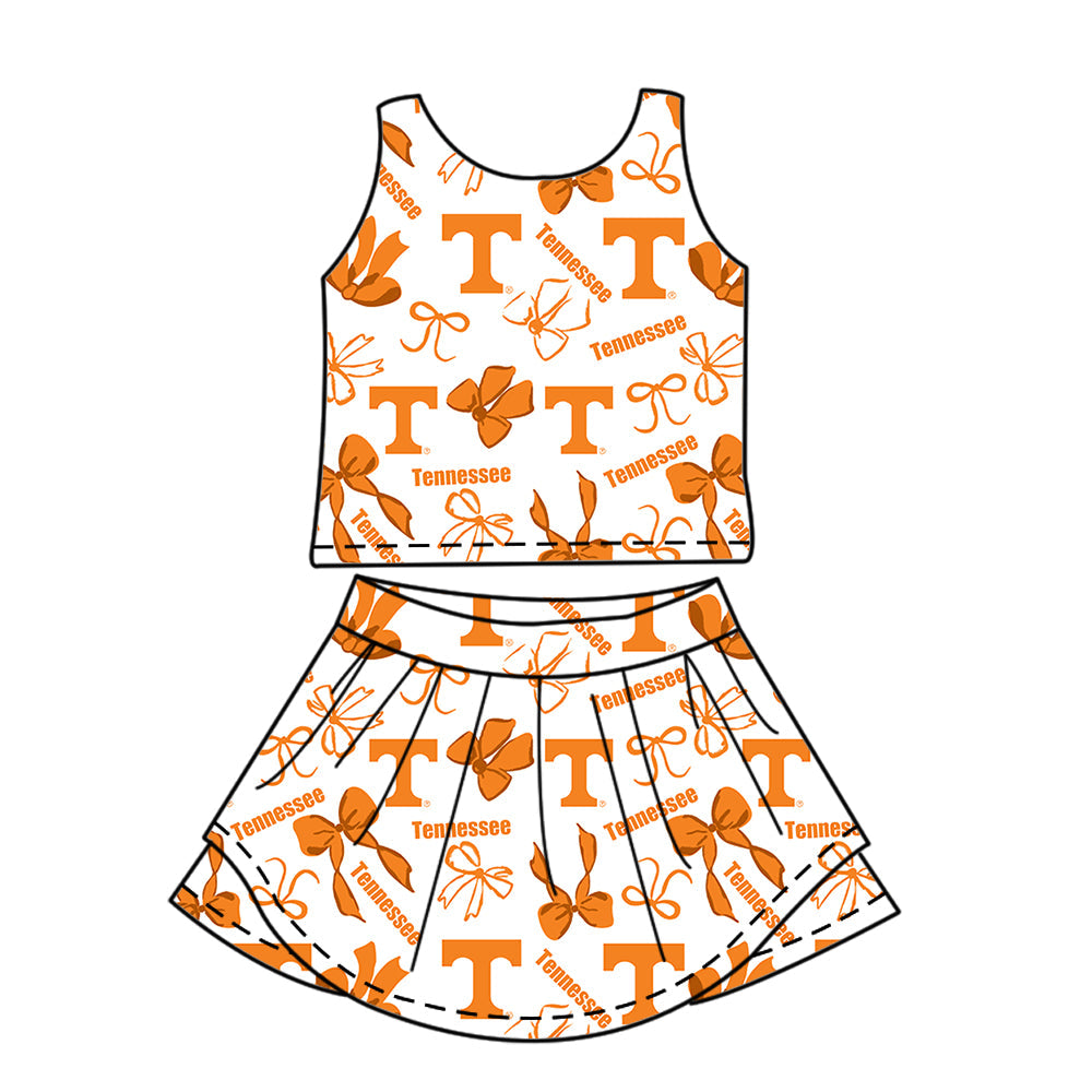 Preorder (moq 5)Baby Girls Sleeveless Orange T Bows Top Skirt Shorts Team Clothes Sets
