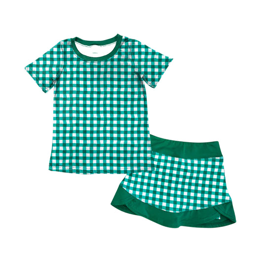 Preorder (moq 5)Baby Girls Green Checked Short Sleeve Top Skirt Short Clothes Sets