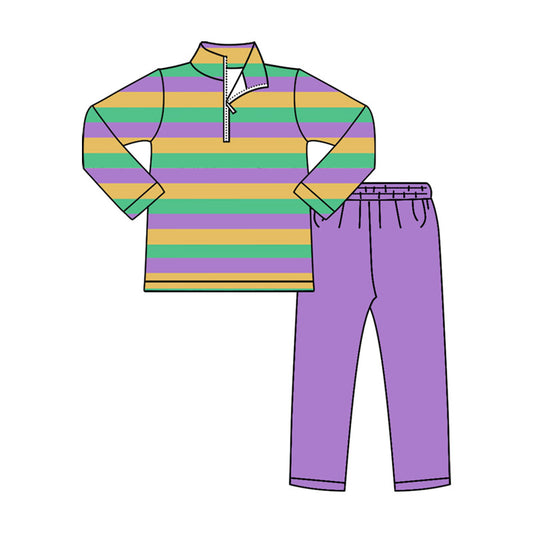 Preorder(moq 8)Baby Boys Mardigras Stripes Zip Pullover Top Leggings Pant Clothes Sets