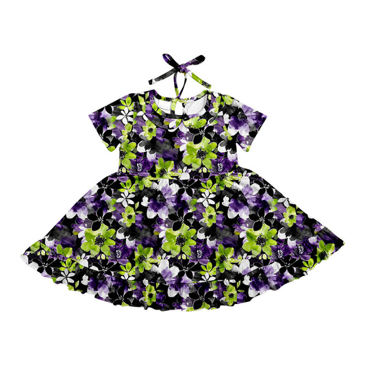 Preorder (moq 5)Baby Girls Purple Green Flowers Halloween Knee Length Dresses