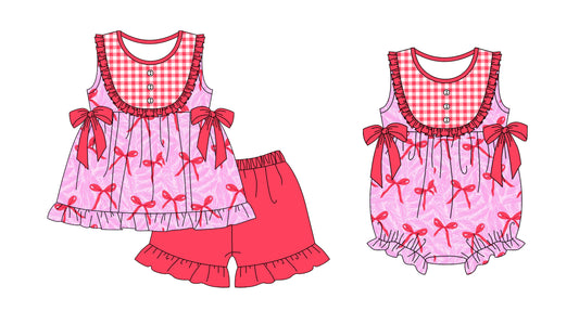 Preorder(moq 5 each)Sibling Baby Girls Pink Bows Tunic Top Shorts Bows Rompers Clothes Sets