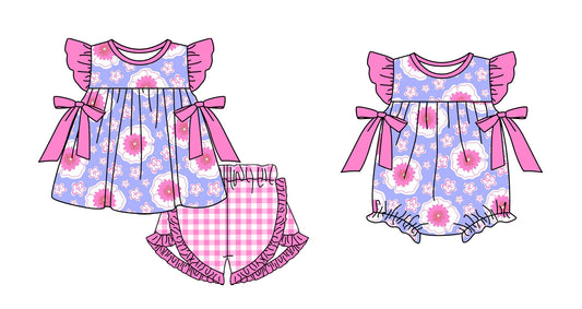 Preorder moq 5 Custom Baby Girls Pink Flowers Bows Tunic Plaid Ruffle Short Set Rompers