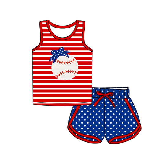 Preorder (moq 5)Baby Girls Red Stripe Sleeveless Baseball Top Blue Polka Dots Shorts 4th Of July Sport Clothes Sets