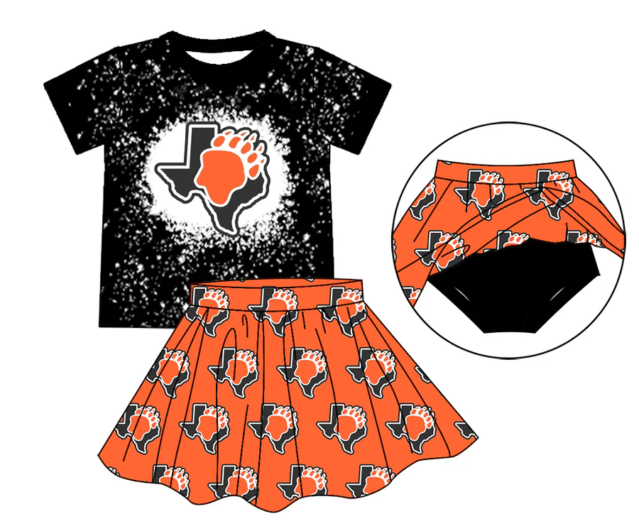 Preorder (moq 5)Baby Girls Black Paw Top Bummie Skorts Team Sets