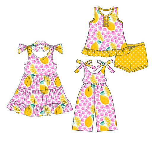 Preorder moq 5 Custom Baby Girls Flowers Lemons Button Tunic Polka Dots Short Set Knee Length Dress Jumpsuits
