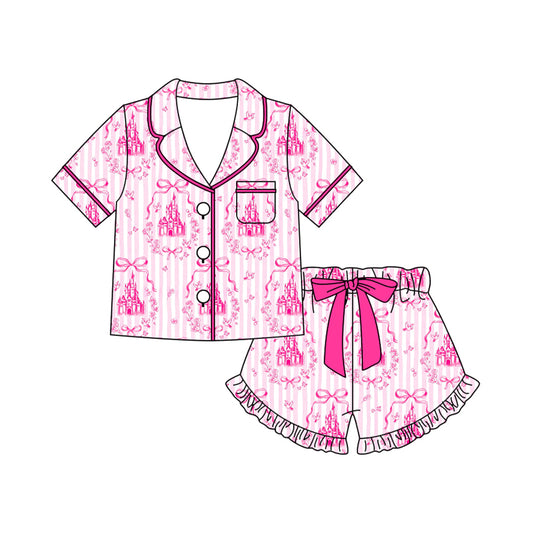 Preorder (moq 5)Baby Girls Pink Stripe Bows Castles Button Pocket Top Shorts Pajamas Sets