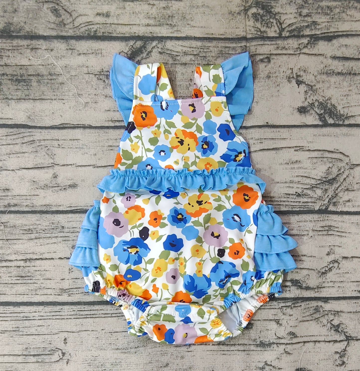 Baby Infant Girls Blue Small Flowers Flutter Sleeve Rompers