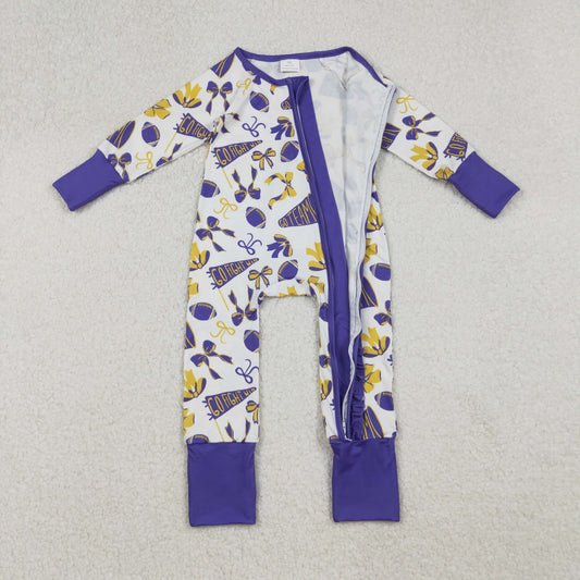 Baby Girls Team Purple Bows Footballs Ruffle Zipper Footie Rompers