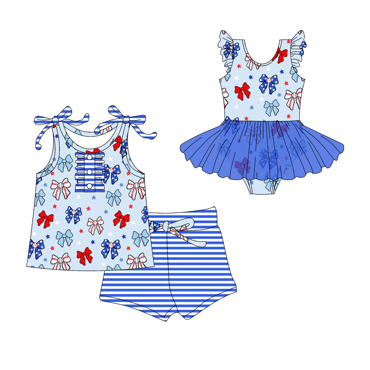Preorder moq 5 Custom Baby Girls Blue Strap Red Bows Stars Button Top Stripe Short 4th Of July Set Skort Bummise Romper