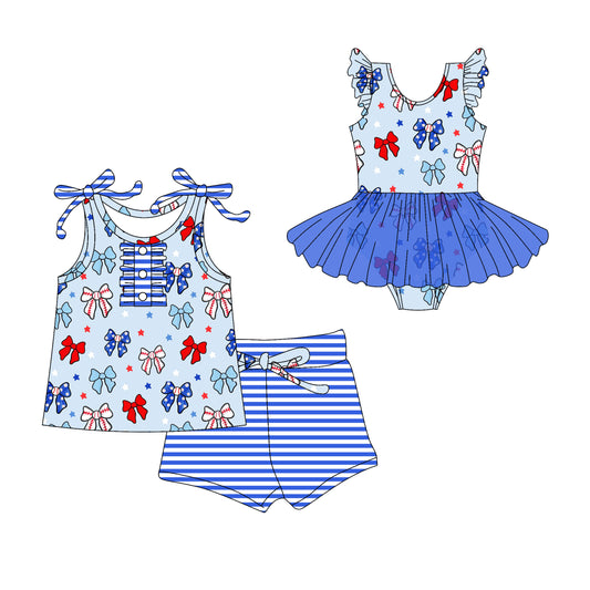 Preorder moq 5 Custom Baby Girls Blue Strap Red Bows Stars Button Top Stripe Short 4th Of July Set Skort Bummise Romper