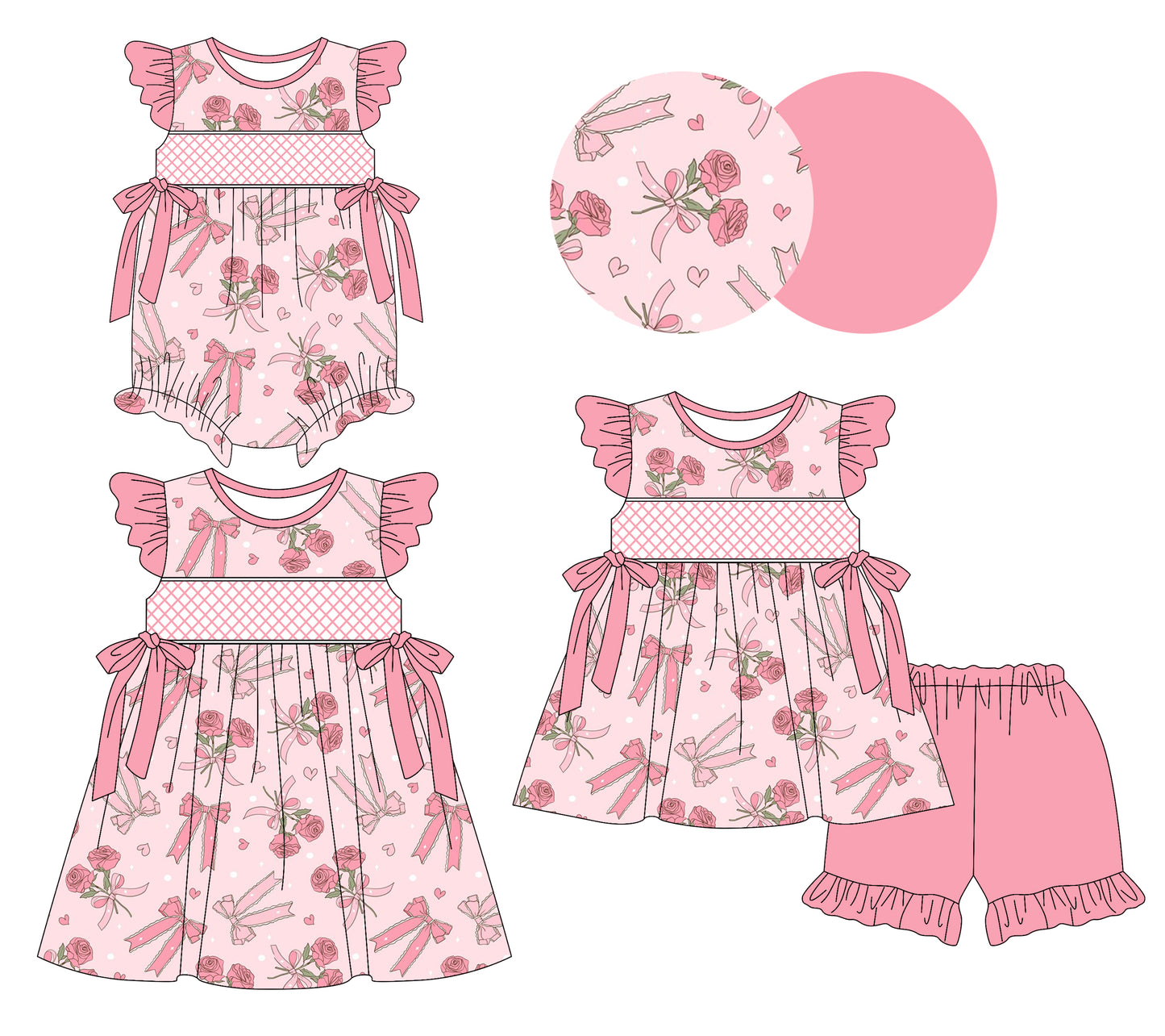 Preorder moq 5 Custom Baby Girls Pink Bows Floral Tunic Ruffle Short Set Knee Length Dress And Rompers