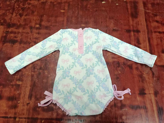 Preorder moq 5 Baby Girls Long Sleeves Pink Bows Floral Ruffle Rompers