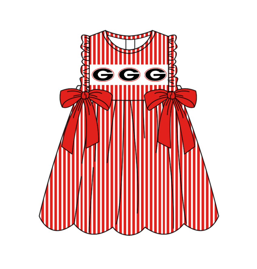 Preorder (moq 5)Baby Girls Sleeveless Red Stripe G Bows Team Knee Length Dresses