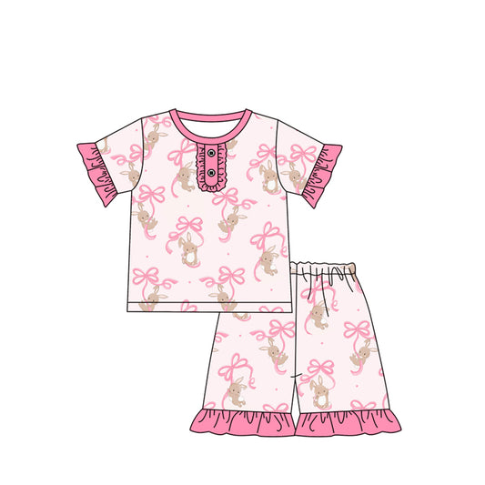 Preorder (moq 5)Baby Girls Easter Rabbits Bows Top Checkered Shorts Pajamas